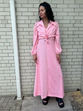 Vintage 70s Pink Floral Polyester Swirl Maxi Dress and Jacket Set